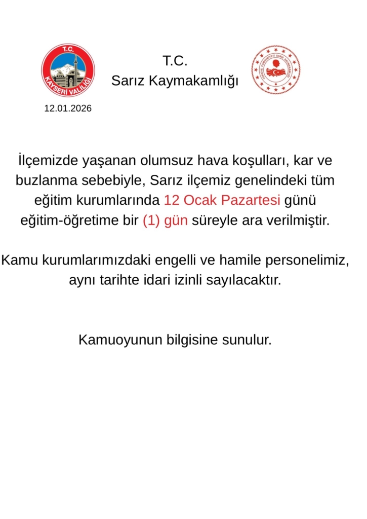 sariz-okullar-tatil-725x1024 Kayseri’de o ilçede Okullar Tatil Edildi!