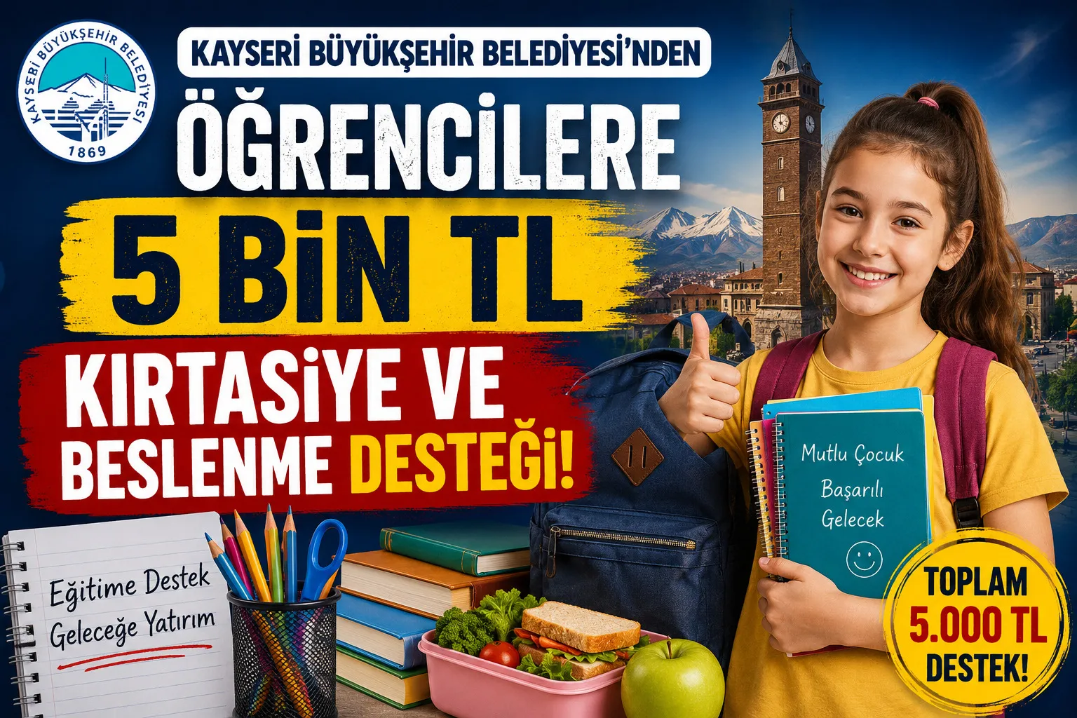 Kayseri'de Öğrencilere 5 Bin TL'lik Kırtasiye ve Beslenme Desteği, Başvuru Linki