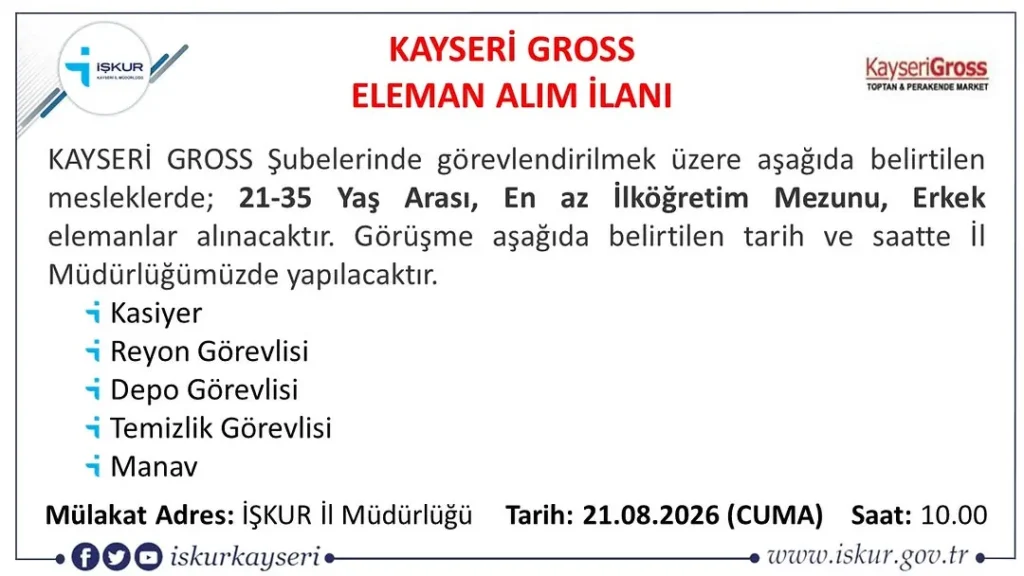 Kayseri-Gross-eleman-alimi-1024x576 Kayseri Gross Personel Alımı Başladı! 5 Farklı Kadro İçin Başvuru Şartları ve Mülakat Tarihi