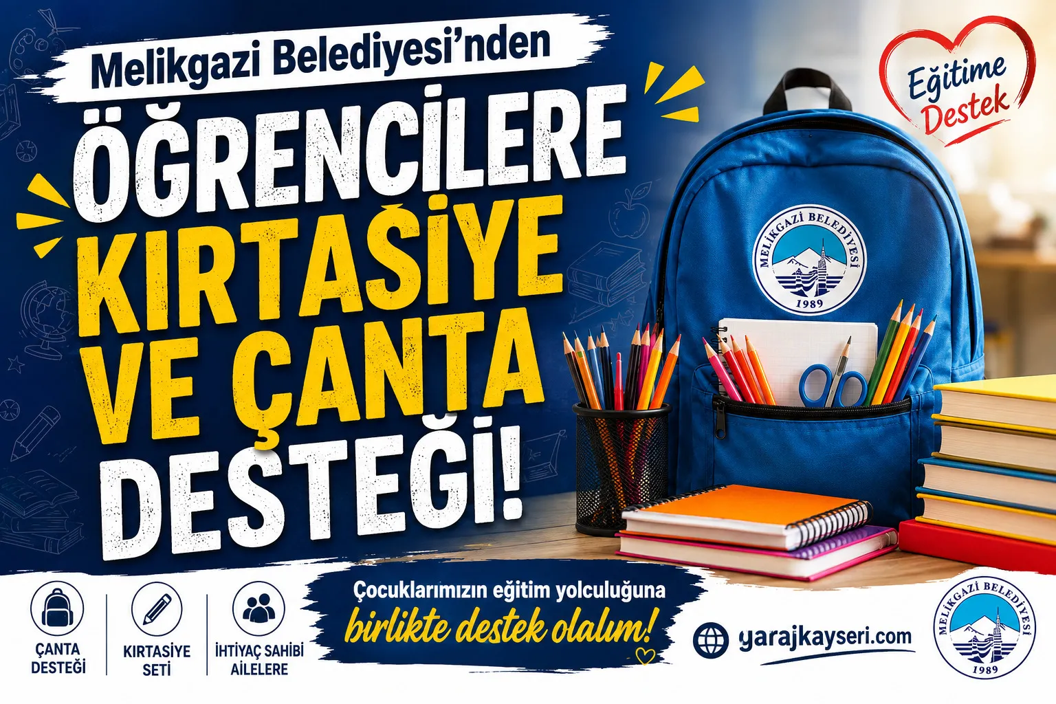 Melikgazi Belediyesi’nden öğrencilere Kırtasiye ve Çanta desteği başvuruları başladı
