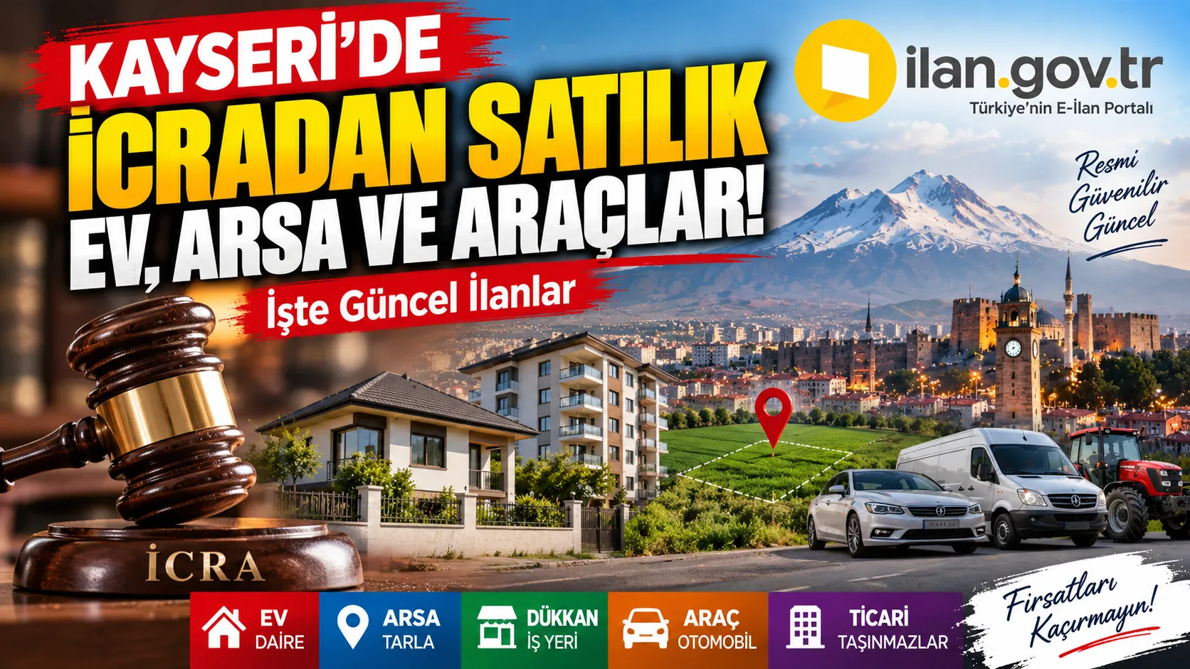 Kayseri'de İcradan Satılık Ev, Arsa ve Araçlar